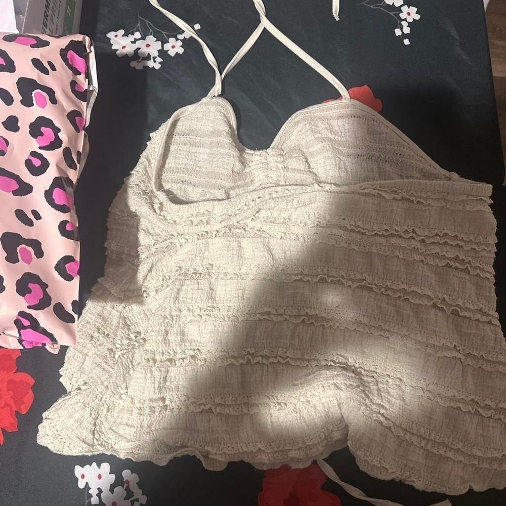 Cream Tiered Ruffle Cami Top Textured Smocked Lace Trim Drawstring XL - Picture 3 of 3